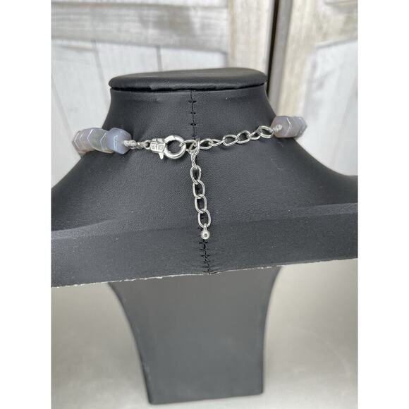 Polished Gray Agate Pearl Silver Tone Necklace Hand Knotted Square Beads Chunky - Picture 3 of 4